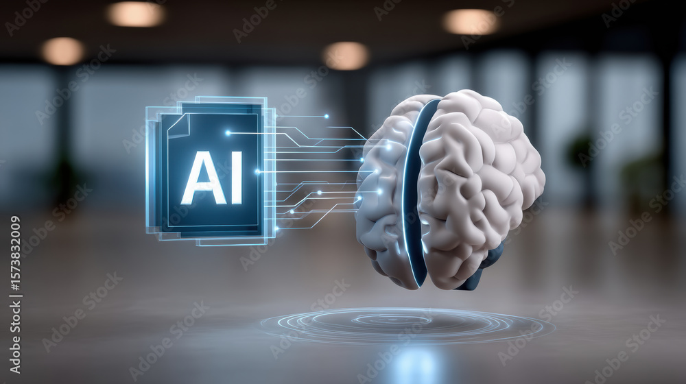Poster artificial intelligence concept showing ai brain and cloud services connection with digital data flo