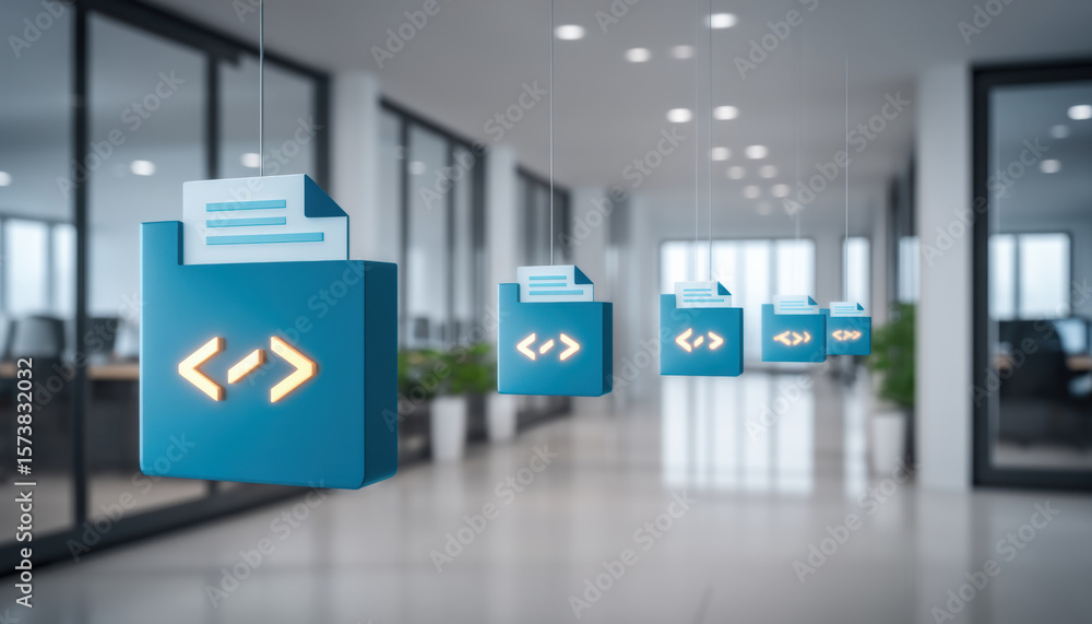 Poster ai cloud services concept with glowing code folder icons floating in modern office space for digital