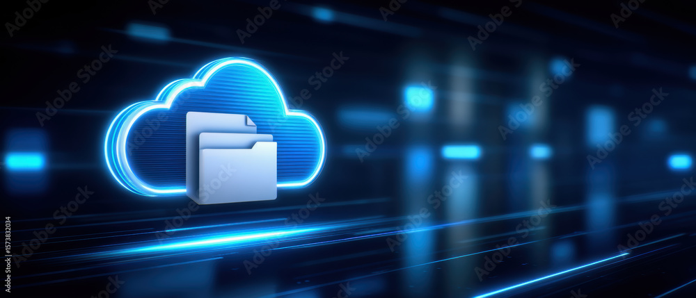 Poster cloud folder with file icon glowing in futuristic digital background representing ai cloud services 