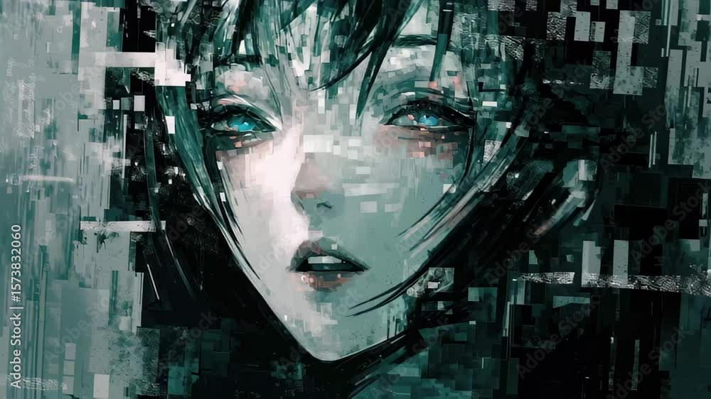 Aufkleber digital glitch art featuring an abstract representation of a face with stylized noise elements, abst