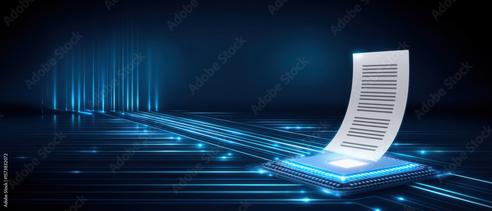 Poster ai cloud services concept with glowing circuit board and digital document floating above futuristic 