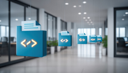 Ai cloud services concept with glowing code folder icons floating in modern office space for digital technology and programming