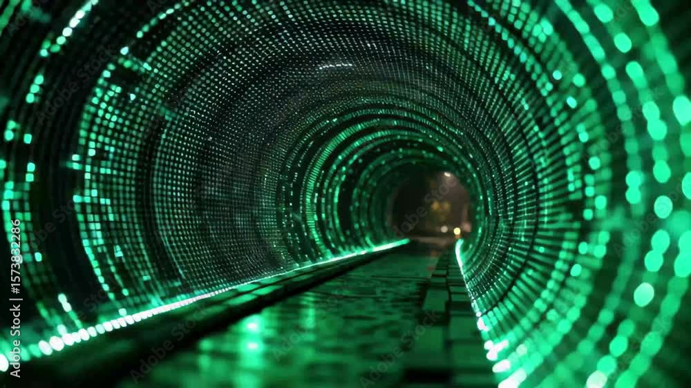 Poster exploring the depths of a green digital tunnel with light patterns on a black background, green digi