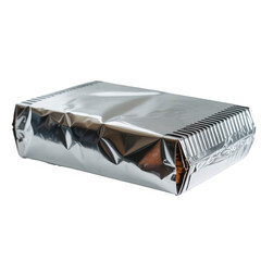 Shiny silver foil food container with crimped edges isolated on transparent background