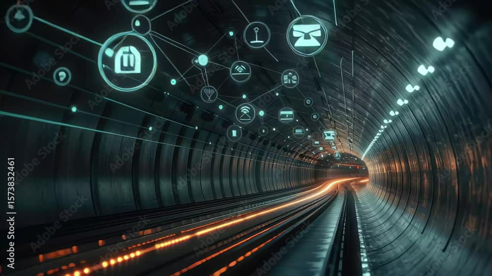 Poster exploring a network connections visual representation in an underground tunnel, network of connectio