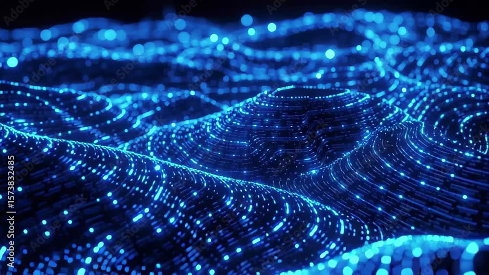 Poster glowing blue lines create an intricate abstract pattern with depth and movement, abstract of glowing