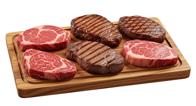 Raw and grilled beef steaks on wooden board raw beef