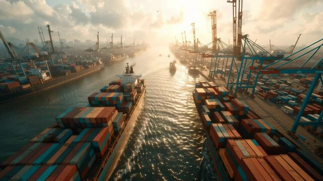 A wide shot of multiple container ships at a bustling port in Vietnam, cranes loading and unloading, dynamic activity, early morning light, ultra-realistic,