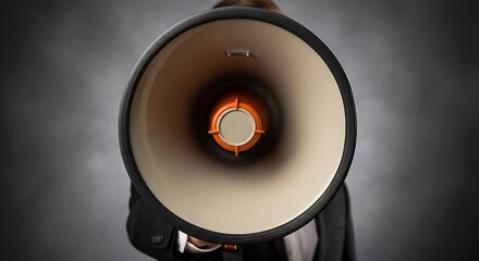 Person holding megaphone announcing loudly announcement