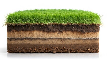 Cross-section of lush green grass atop layered earth revealing soil composition and texture