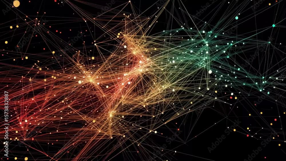 Poster dynamic visualization illustrates data processing and network connections against a dark backdrop, d