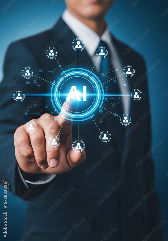Poster man touching artificial intelligence network technology