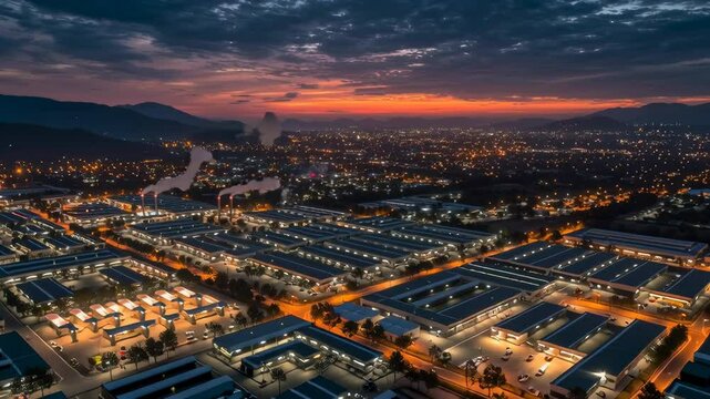 An aerial view of a sprawling industrial park in Mexico at dusk, new factory buildings illuminated, nearshoring concept, dramatic lighting, high resolution,