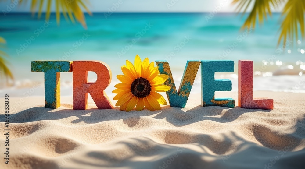 Fototapete travel typography on the beach colorful letters spelling travel with a sunflower on a sandy shorelin