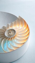 Obraz premium A detailed close up view of the intricate spiral chambers within a nautilus shell illuminated by soft light