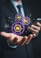 Man holding purple gears with A I symbols hand