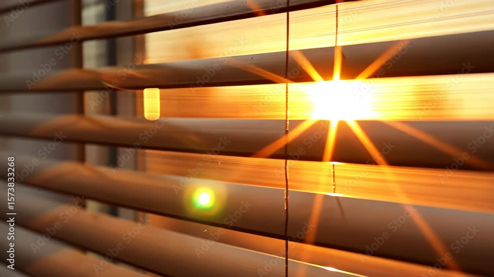 Poster Sunlight Through Blinds: Capturing the beauty of light filtering through the wooden blinds, creating an interplay of shadow and light, showcasing texture and warmth.