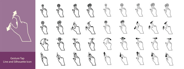 Gesture Tap Line and Silhouette Icon Set. Swipe Hand Finger Touch and Drag Linear, Glyph Pictogram. Pinch Screen, Rotate Up Down on Screen Outline Icon. Gesture Slide. Isolated Vector Illustration