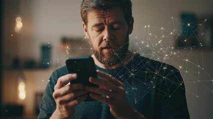 Caucasian man engaged with smartphone amidst network connections and a globe at home, network of connections and globe over caucasian man using smartphone - Powered by Adobe