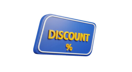3d blue discount sign with yellow text and percentage symbol isolated on transparent background