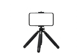 A black smartphone sits on a small tripod against a transparent background