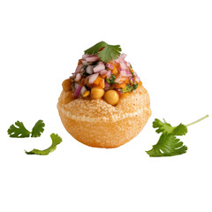 Delicious indian street food golgappa or pani puri filled with chickpeas and onions isolated on transparent background