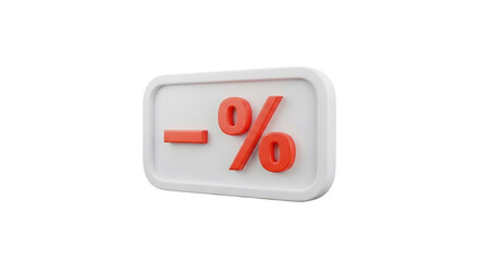 3d render of a red minus and percentage symbol on a white rectangular plate isolated on transparent background
