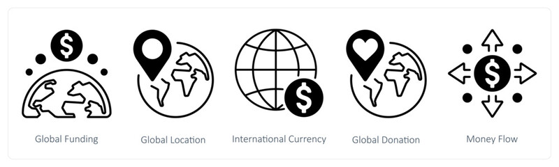 A set of 5 mix icons as global funding, global location, international currency