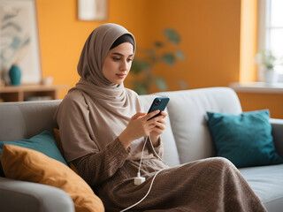 a Muslim woman sitting on a sofa using her cell phone while charging it at home