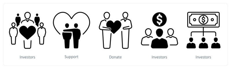A set of 5 mix icons as investors, support, donate