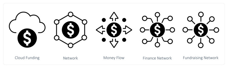 A set of 5 mix icons as cloud funding, network, money flow