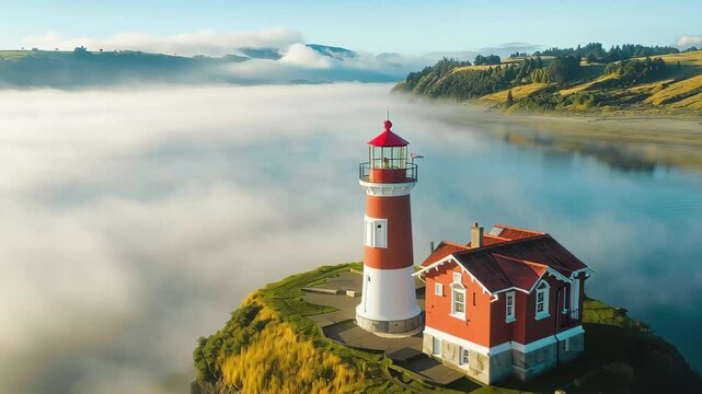 Fog envelops lighthouse in Valdivia, Chile, offering a stunning aerial perspective of coastal beauty, strong fog lighthouse Valdivia chile aerial view