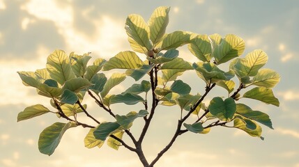 Sunlit tree branch with vibrant green leaves against a cloudy sky.