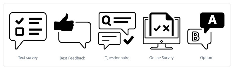 A set of 5 mix icons as text survey, best feedback, questionnaire