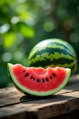 Refreshing Watermelon Delight A Juicy Slice and Whole Fruit on Rustic Wood Surface with Blurred Greenery Backdrop Summer Still Life Photography