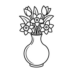Simple black and white line drawing of a vase filled with daffodils and tulips