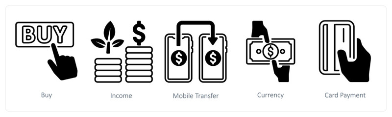 A set of 5 mix icons as buy, income, mobile transfer