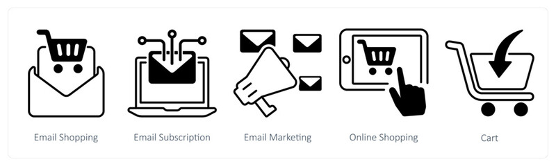 A set of 5 mix icons as email shopping, email subscription, email marketing