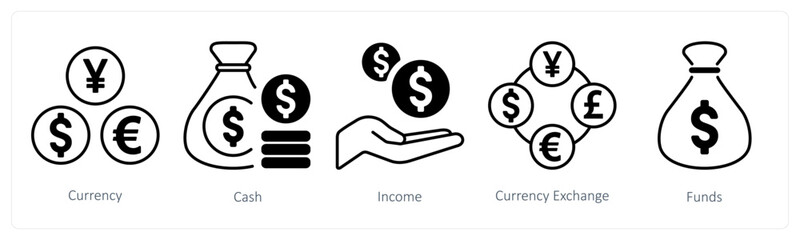 A set of 5 mix icons as currency, cash, income