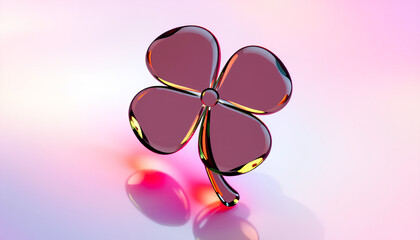 3D-rendered clover leaf made of glass over colorful gradient background, reflective surface, futuristic design