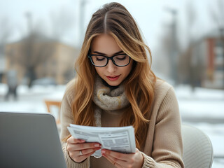 Woman with glasses reading documents at a cafe