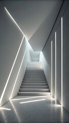 Modern minimalist staircase with dramatic linear lighting creating geometric shadows and highlights on clean white walls and floors