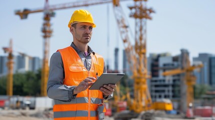 Construction worker uses tablet at construction site background cranes. AI generated.