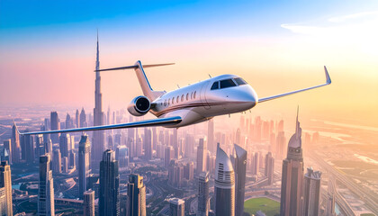 Business Aircraft Above Urban Cityscape at Sunset
