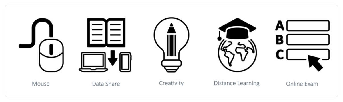 A set of 5 mix icons as mouse, data share, creativity