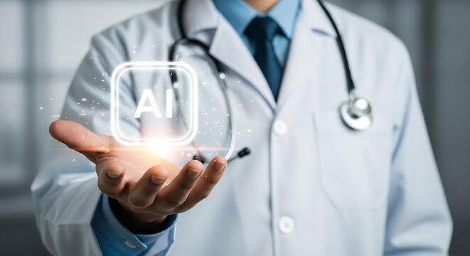 Doctor holding artificial intelligence symbol stethoscope - Powered by Adobe