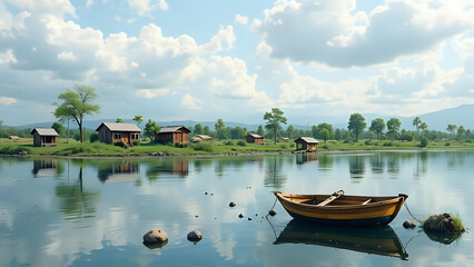 Serene lakeside cottages and rowboat: a peaceful countryside escape