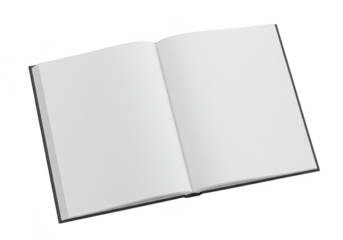 An open book with blank white pages is shown against a transparent background