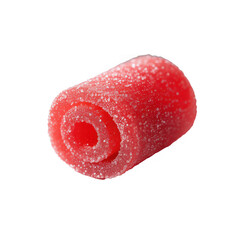 Close up of a single red fruit roll up candy covered in sugar crystals isolated on transparent background