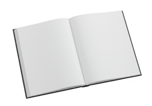 An open book with blank white pages is shown against a transparent background